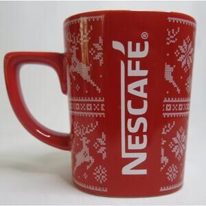 NESCAFE Coffee Mug Christmas Winter Reindeer Red White 11 Ounces Snowflakes